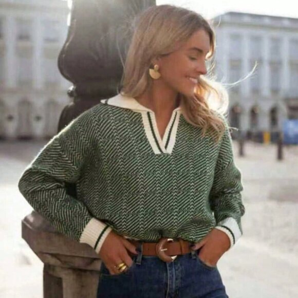 Green Casual Women's Knitted Long-Sleeved V-Neck Pullover sweater top - Picture 1 of 5